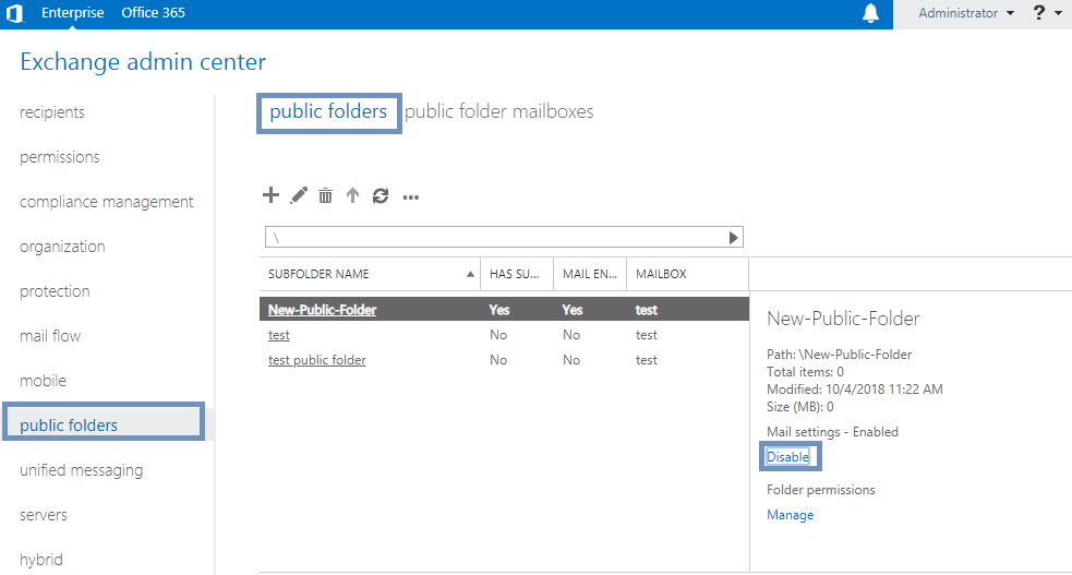 enable disable public folders in exchange server
